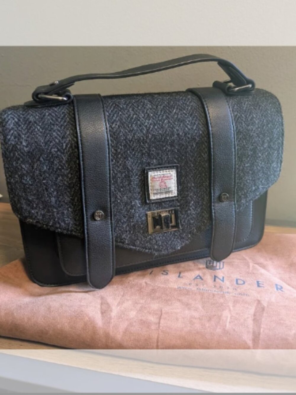 Islander Harris Tweed Gray & Black herringbone satchel Crossbody Bag
